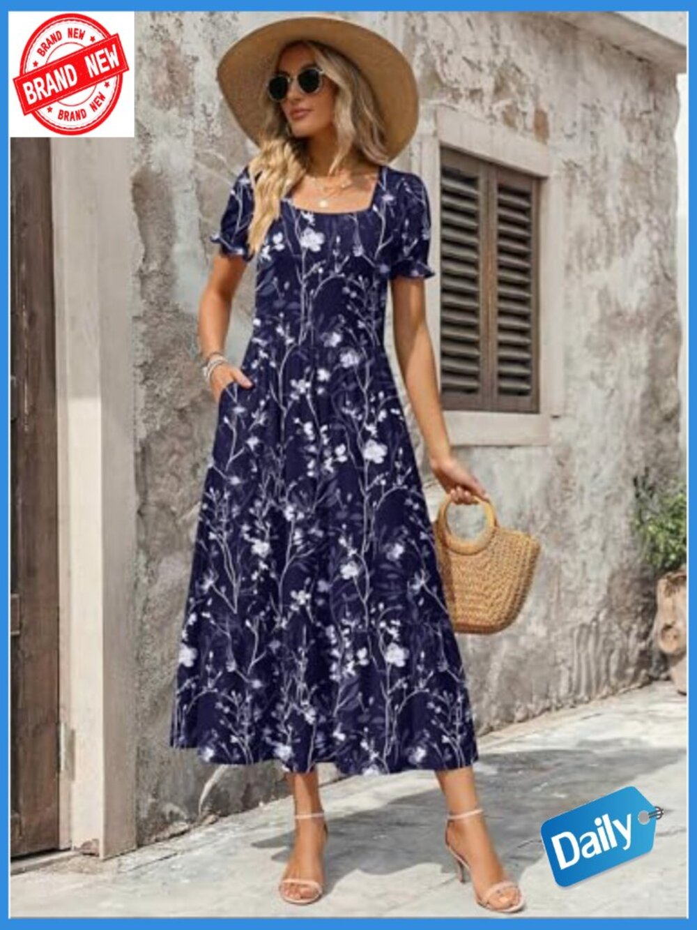 Flowy Midi Dress with Pockets Short Sleeve Square Neck Tiered Swing Dress - Picture 2 of 7